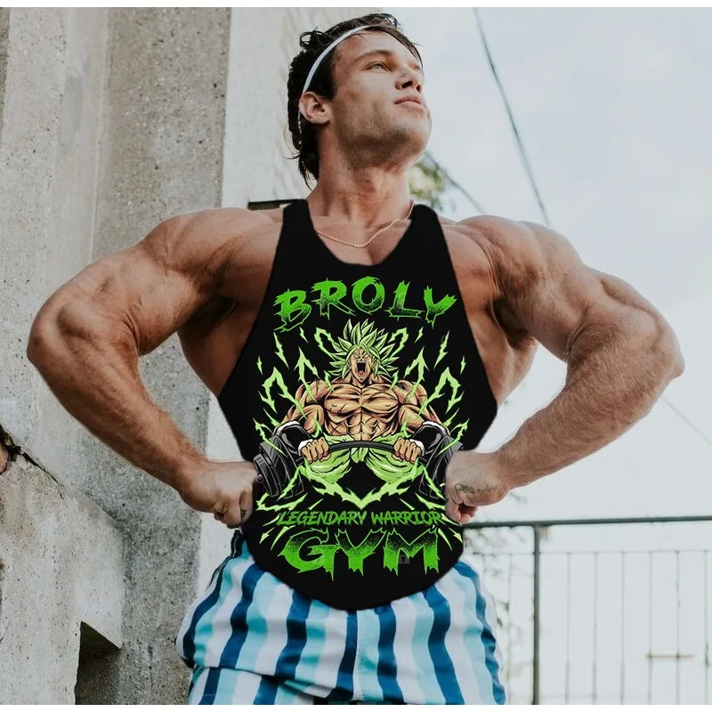 Kaus Tanpa Lengan Pria Fitness Gambar Karakter Anime Broli GYM Rompi Periferal Dragon Ball Sejuk Musim Panas Pakaian Trendi