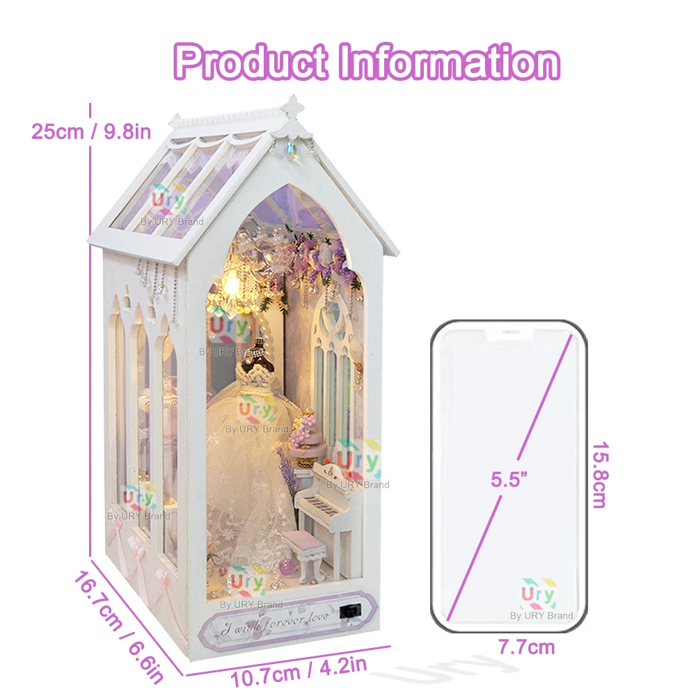 Ury 3D Wooden Puzzle LED Nook Book Dreamy Wedding Dress Shop Transparent House Shelf Insert Miniature Fairy Tale Town Girls Gift