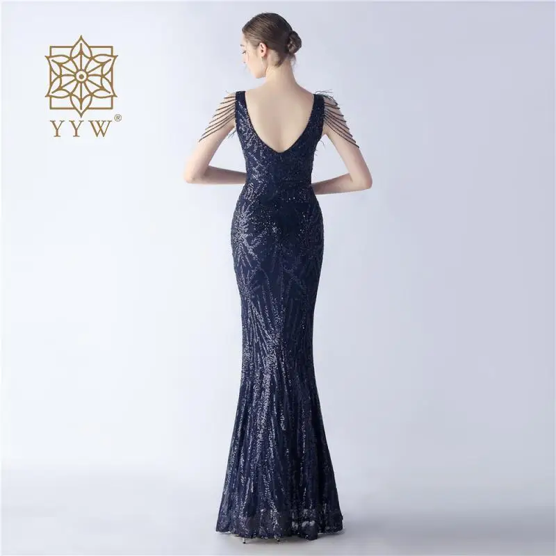 Beading Deep V Women Mermaid Dress Glitter Sleeveless Luxury Long Dress Formal Occasion Ladies Maxi Slim Prom Gowns Gala Vestido