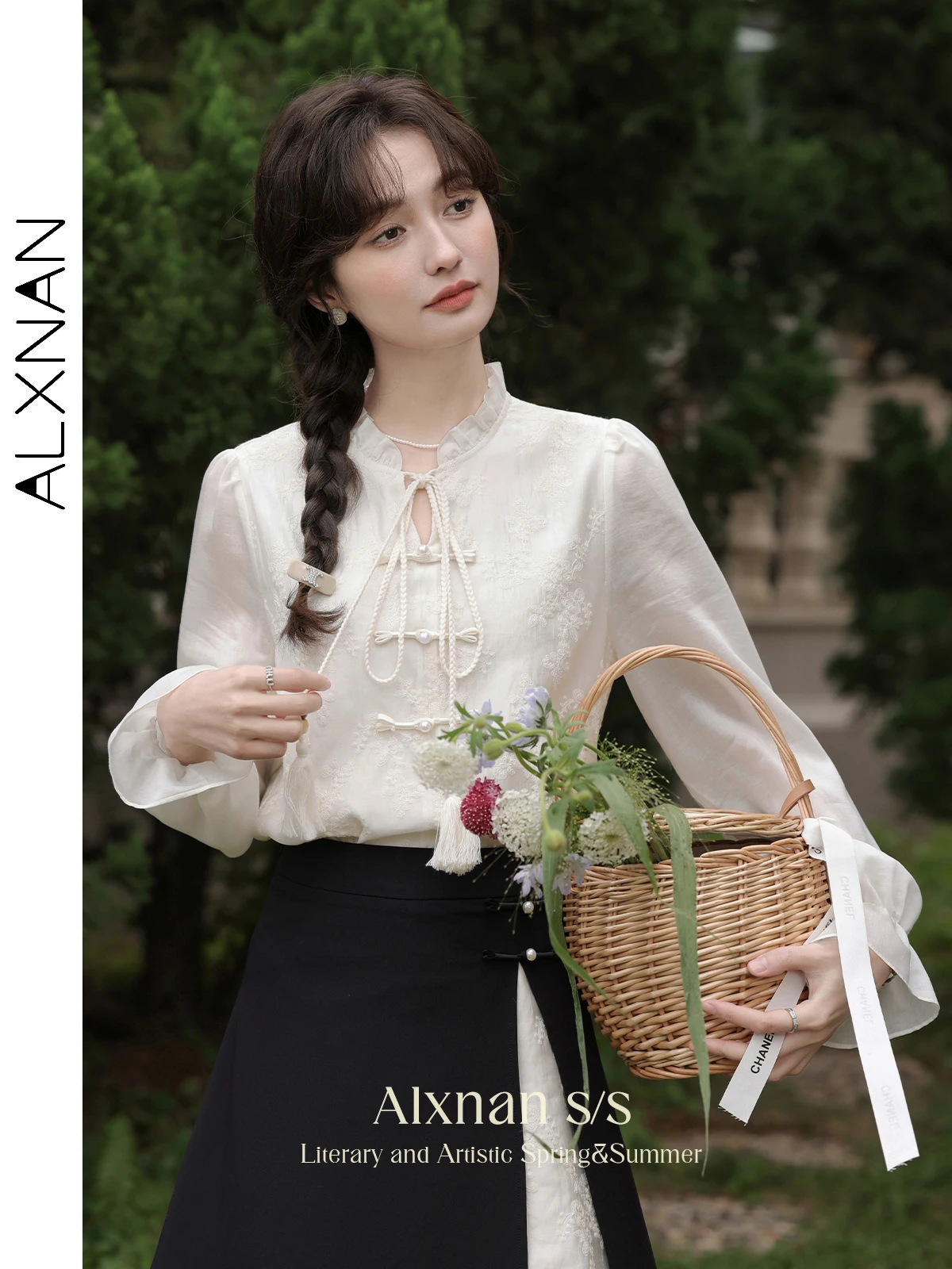 ALXNAN Chinese Style Long Sleeve Shirt Women 2024 Spring Autumn Ruffle Collar Button Down Blouse Embroidered Lace-up Tops L33558