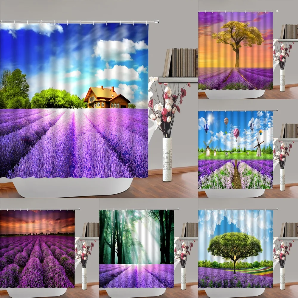 Rural Nature Scenery Shower Curtain Purple Lavender Flowers Field Bathroom Curtains Polyester Fabric Home Decor Bathtub Screen