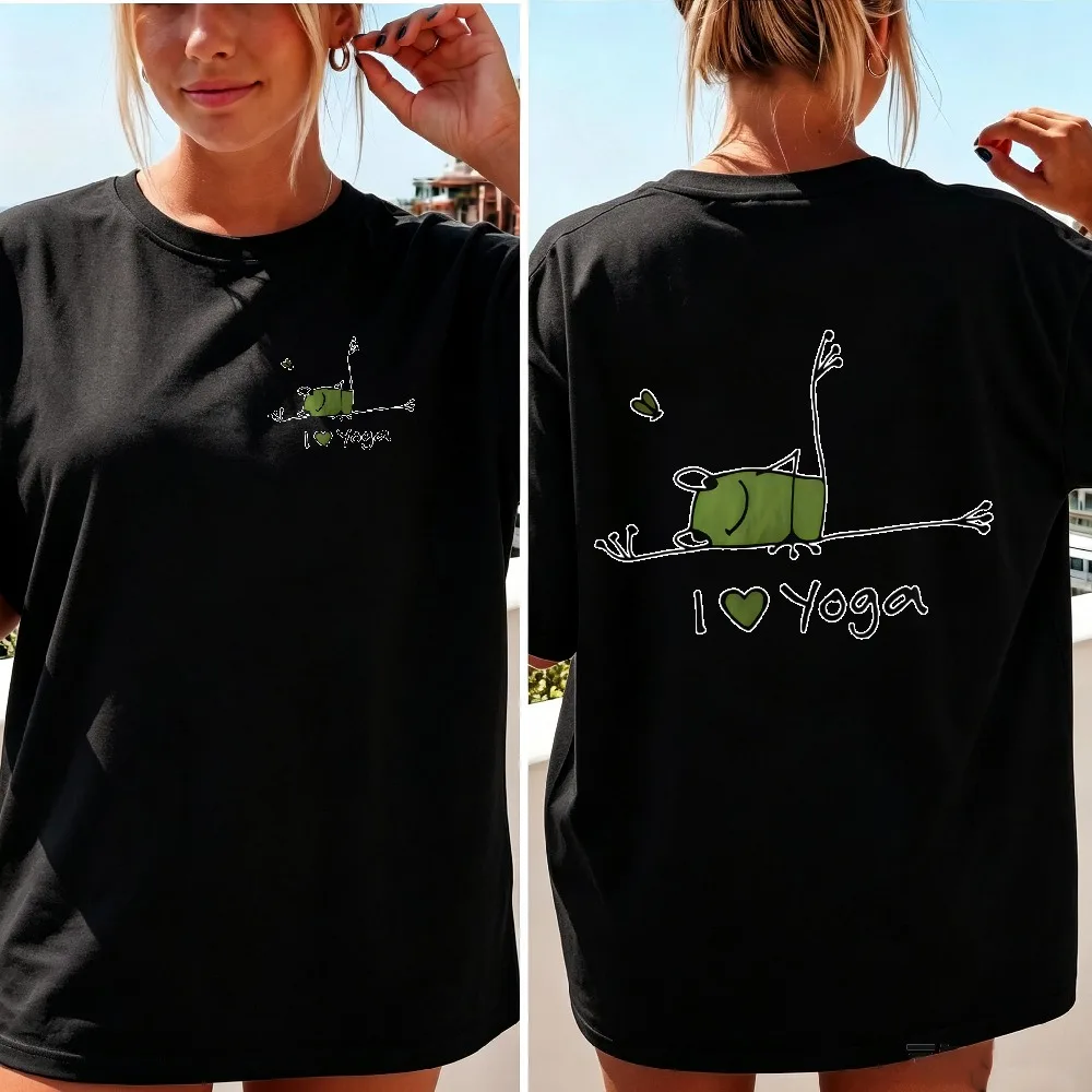 Women Front Back Double Sided I Love Yoga Stick Figure Frog T Shirt Cute Cartoon Frog Yoga Pose Cotton Meditation Fitness Lover