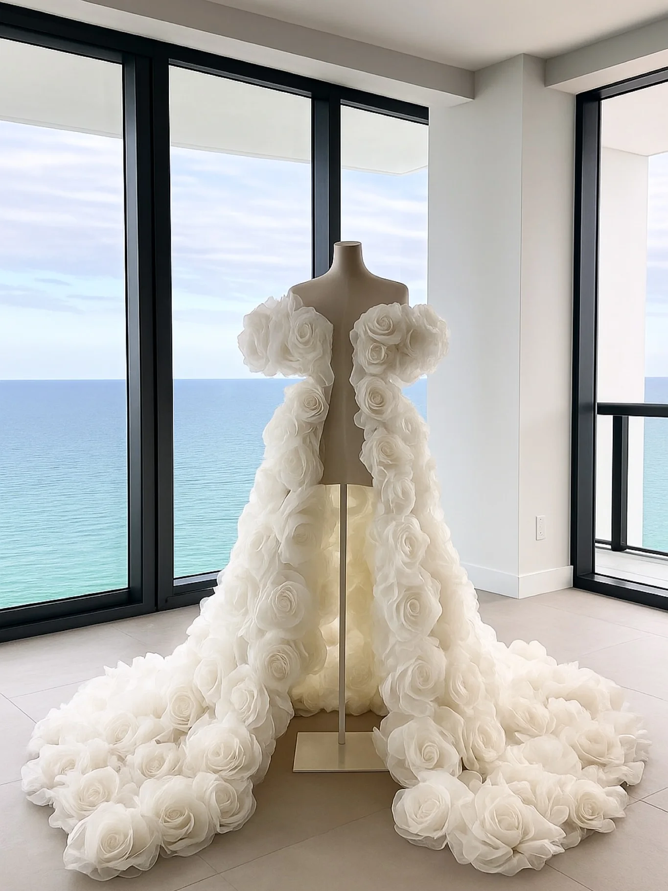 معطف أبيض أنيق ثلاثي الأبعاد على شكل حرف A - تصميم زهور كبير الحجم، قماش شفاف خفيف الوزن، مثالي لحفلات الزفاف والسجادة الحمراء #2