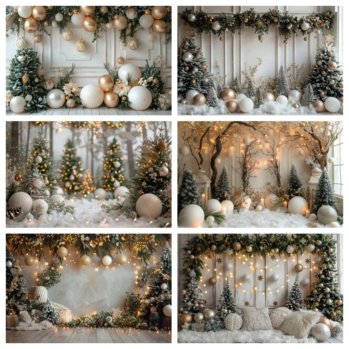 Weißer Weihnachtshintergrund für Fotografie, Weihnachtsbaum, goldene Glocken, Winter, Schnee, Kinderporträt, Weihnachtsdekoration, Hintergrund für Fotostudio