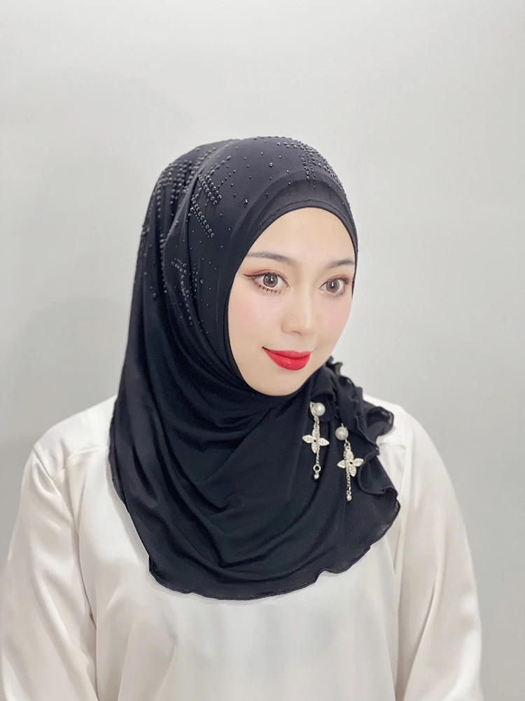 ตุรกีดูไบสีดำ Abaya เพชร Turban Turban Shawl Turban ผู้หญิง Abayas มุสลิมผ้าพันคอ Hijab Instant Shawl Turban Hijab