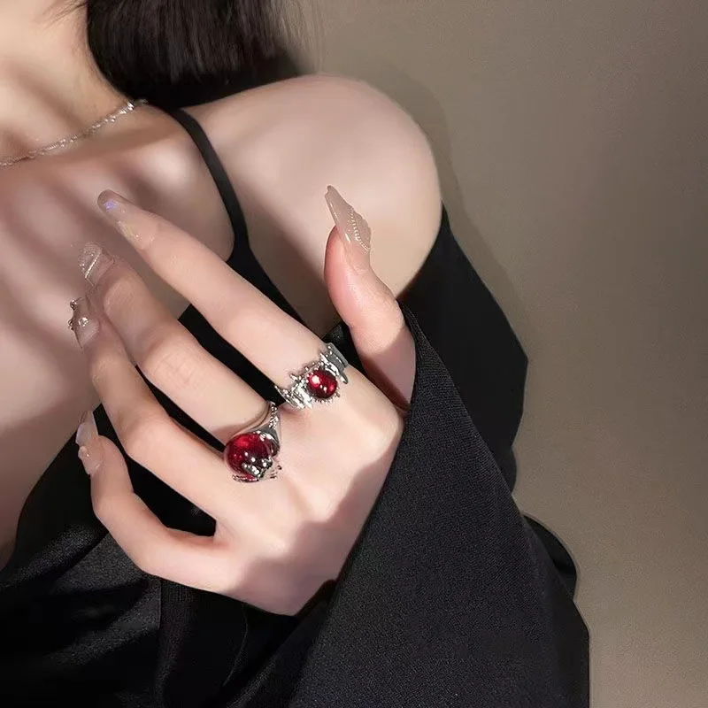 2PCS SET Vintage Y2k Gothic Irregular Red Open Ring For Women Girls Aesthetic Fashion Trend Jewelry Grunge EMO EMO Accessories