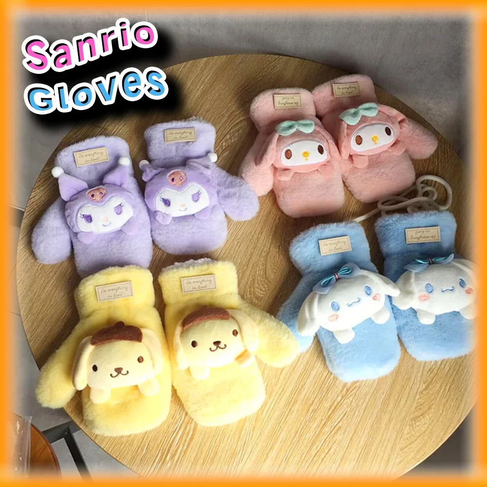 Kawaii Cinnamoroll Kids Plush Thicken Mittens Sanrio Anime Accessories Kuromi My Melody Kuromi Girl Winter Wram Gloves with Doll