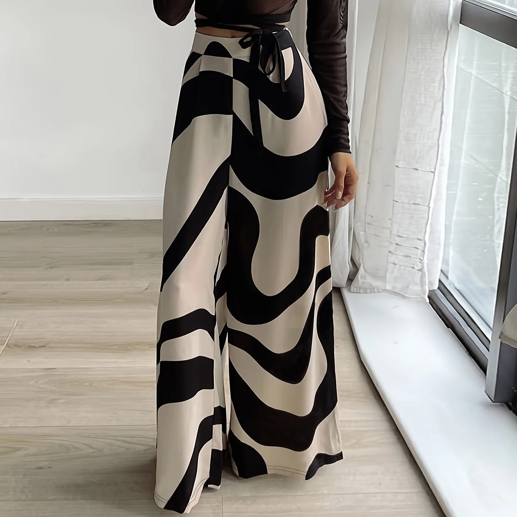 Spring Fall Fashion Loose-Fit High-Waisted Wide-Leg Pants European and American Style Geometric Print Straight-Leg Casual Pants