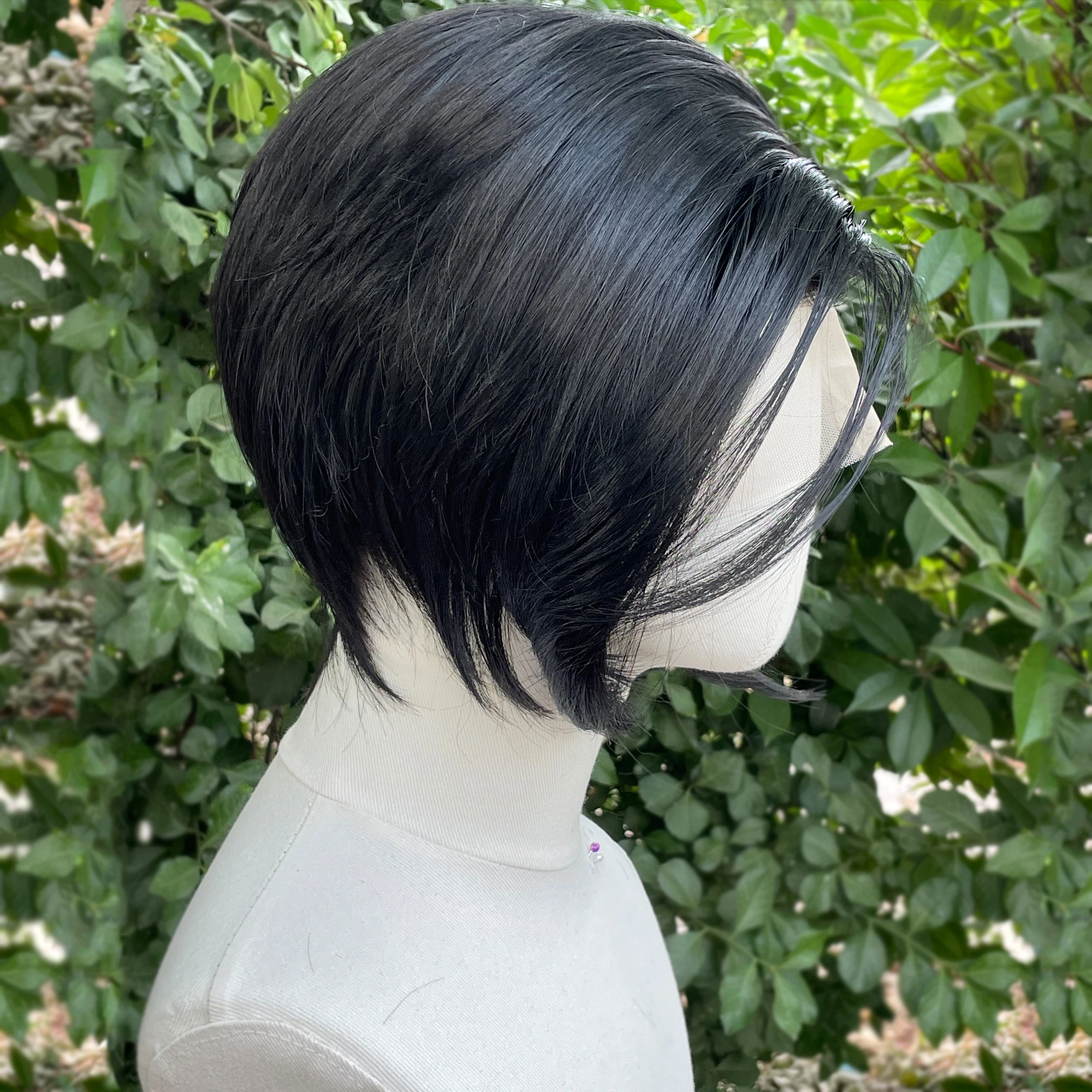 Jet hitam pendek potongan Bob sintetis renda depan wig untuk wanita Cosplay wig untuk pria rambut alami tanpa lem 13x4 renda depan wig