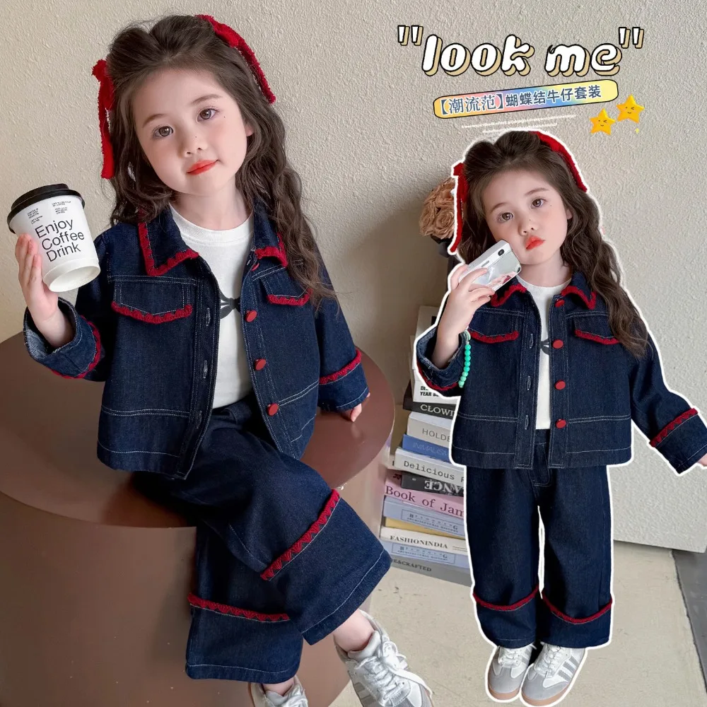 Korean Style Fashion Decorated Denim Two Piece Outfit For Little & Medium Girls, Stylish Kids Spring Autumn Casual Suit