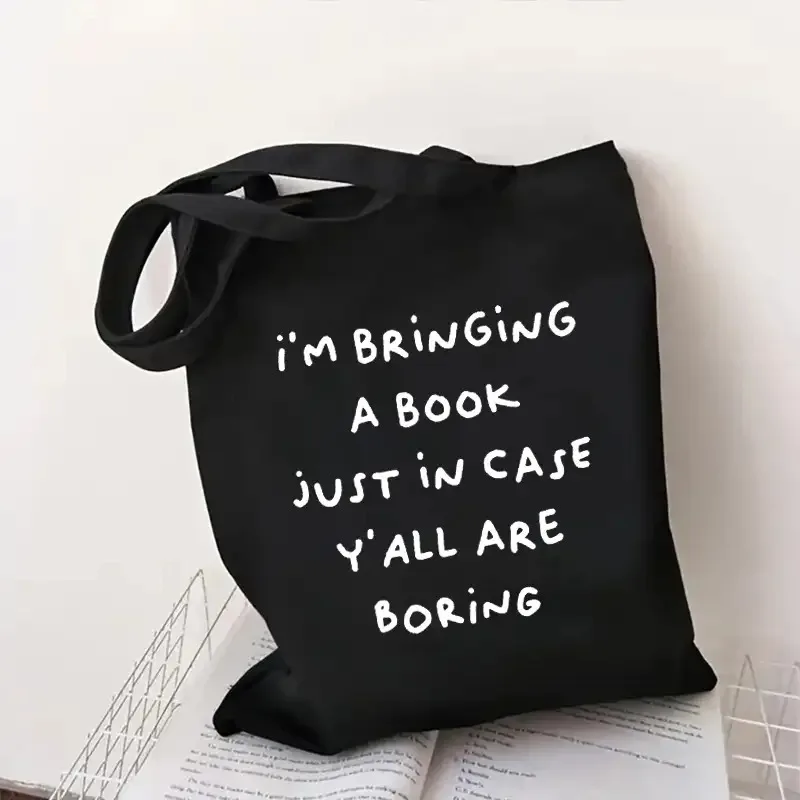1A Double-Sided Printed Canvas Tote Bag, Black Background with White Text, Durable Polyester Material, Very Suitable for Book Lo