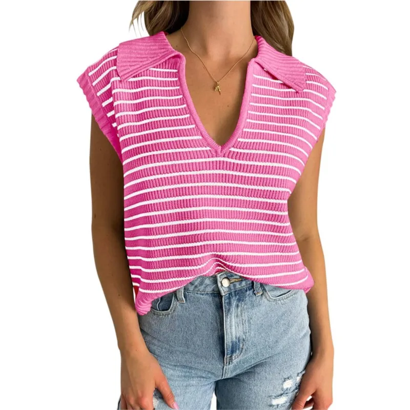 

2025 Spring/Summer New V-neck Knitted Top Casual Stripe and Collar Women's Sweater