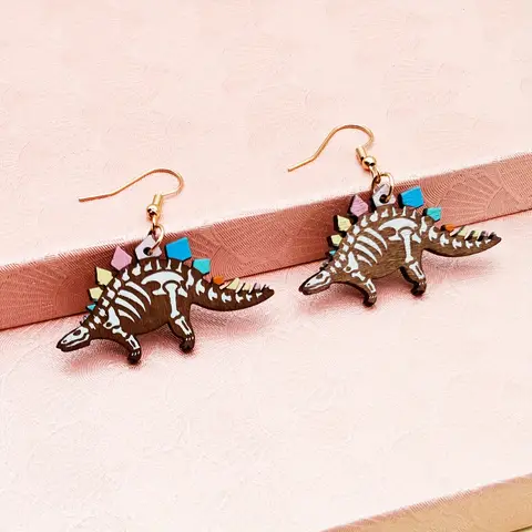 1 Pair, Cute Dinosaur Wooden Printed Earrings ——Cute Colorful Design, Small and Personalized Trendy Items, Suitable for Holiday Gifts, Circus Zoo Scenes