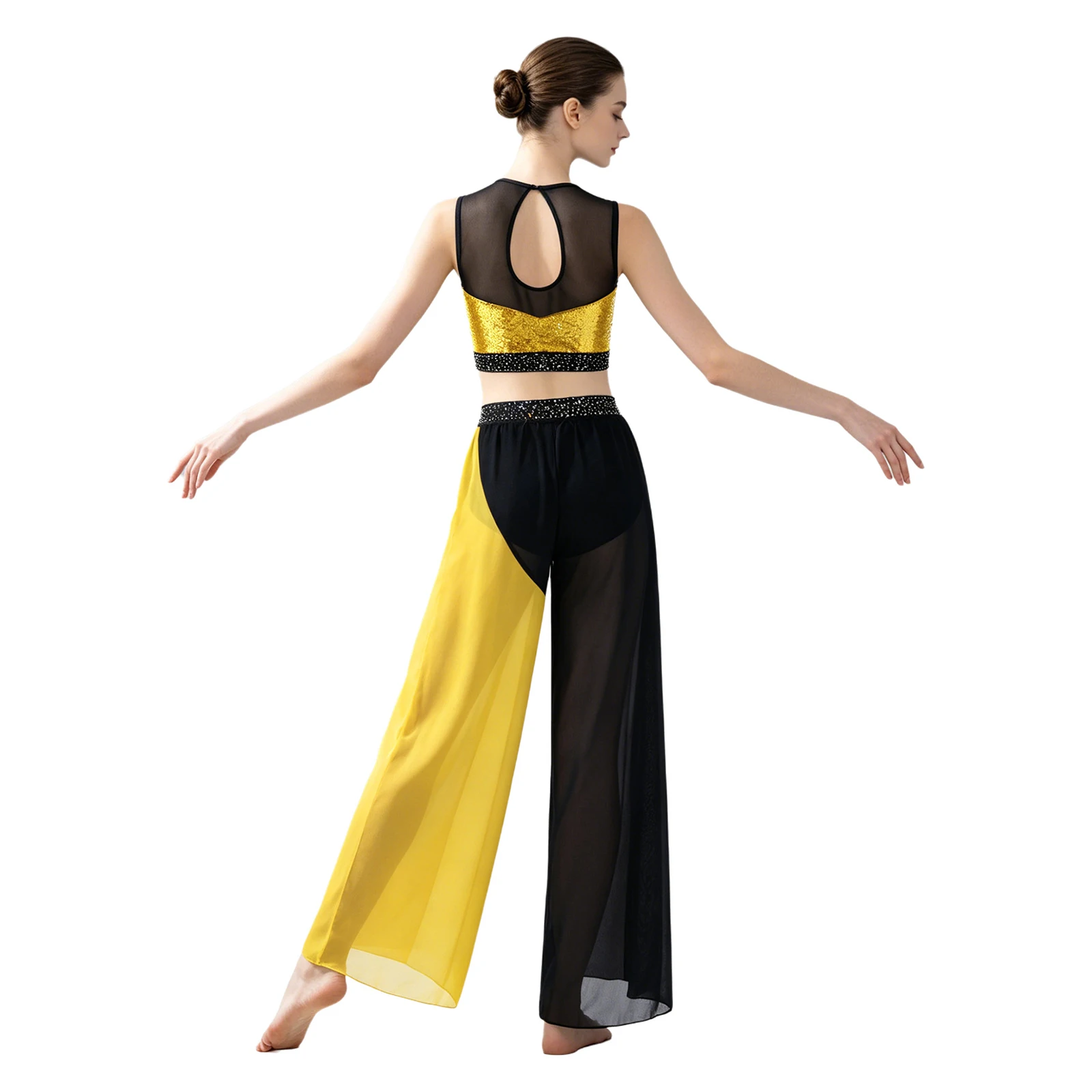 Women Sequin Rhinestone Crop Top Modern Lyrical Dance with Mesh Wide Leg Pants for Skating Gymnastics Acrobatics Performance