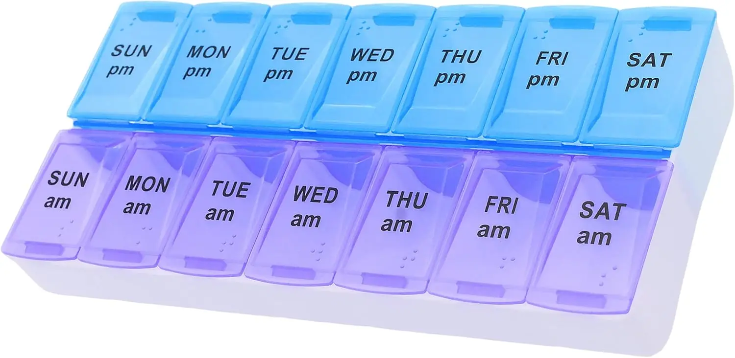 Weekly AM PM Pill Organizer, Large 14-Compartment Pill Case for Vitamins & Supplements, Purple/Blue