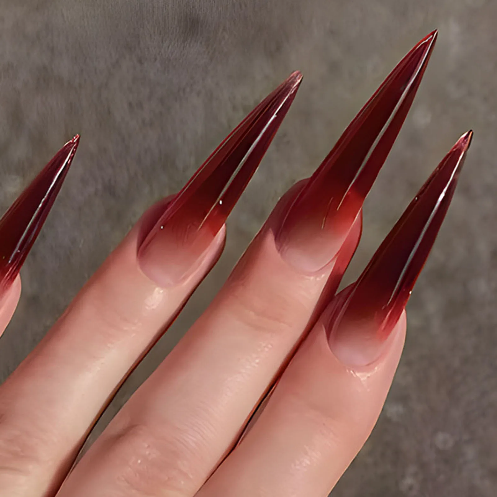 24pcs Long Pointed False Nails Red Blush Goth Style Press on Nail Tips Full Cover Wearable Artificial Nail Patch for Girls