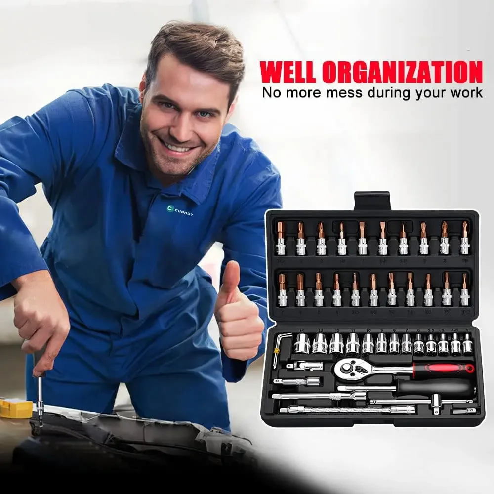 

46pcs Small Drive Socket Ratchet Wrench Screwdriver Set, 1/4 Inch Metric Socket and Ratchet Wrench Set with Extension Rod