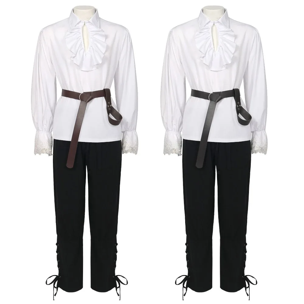 

Medieval Shirts Ruffled Gothic Steampunk Victorian Pirate Ankle Banded Pants and Black Belt Sword Case Set Cosplay Costume