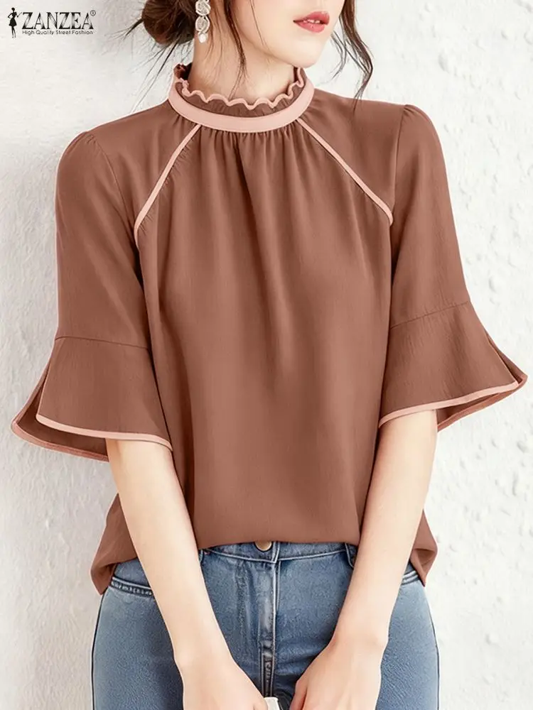 2025 ZANZEA بلوزة صيفية أنيقة للنساء OL قميص عمل غير رسمي مرقع بلوزات نسائية برقبة واقفة نصف كم #1
