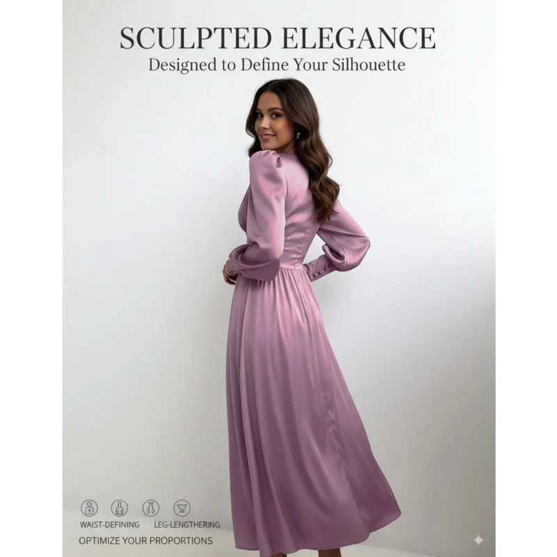Elegante satijnen damesjurk met lange mouwen, V-hals, slanke pasvorm, avondfeestjurk, chique outfit voor formele gelegenheden, feestevenementen