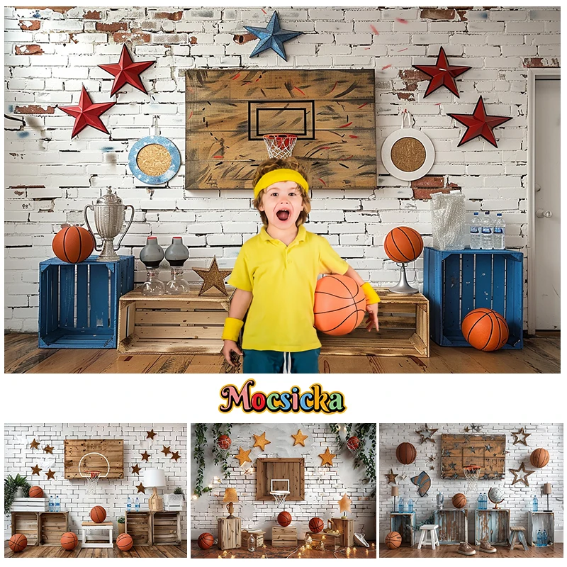 

Mocsicka Photography Backgrounds Indoor Basketball Arena Star Decor Cake Smash Birthday Kids Portrait Backdrop Photo Studio