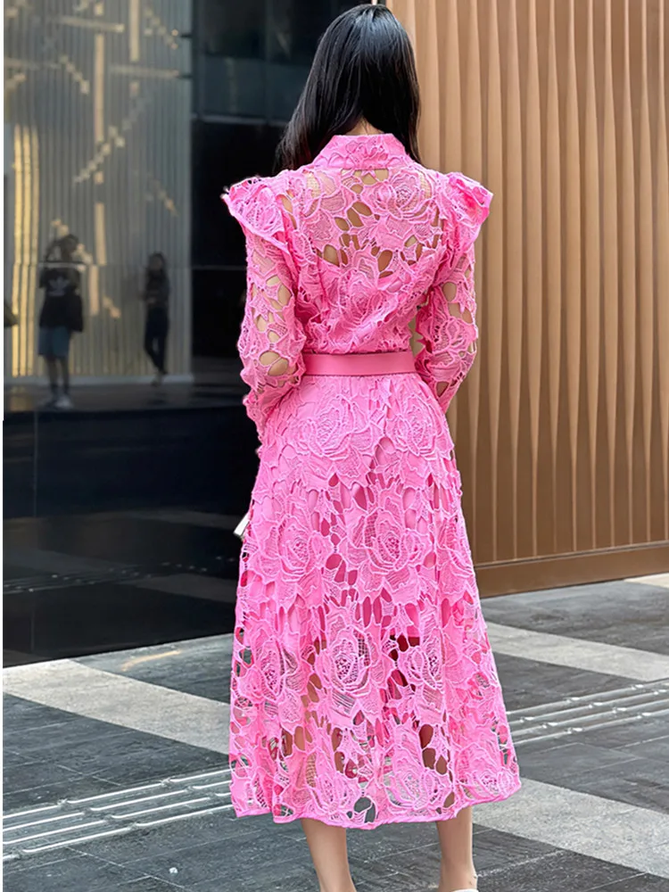 New Fashion Runway Designer Embrodiery Lace Hollow Out Lace Single Breasted Long Dresses With Belt Flare Sleeve Summer Dresses