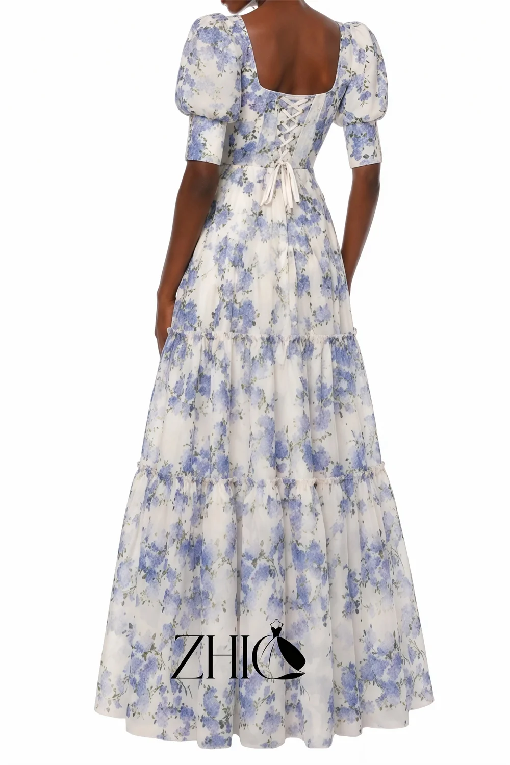 ZHIO Romantic Off Shoulder Puff Sleeve Lavender Floral Tiered A Line Lace Up Back Printed Evening Dress Vestidos Customized