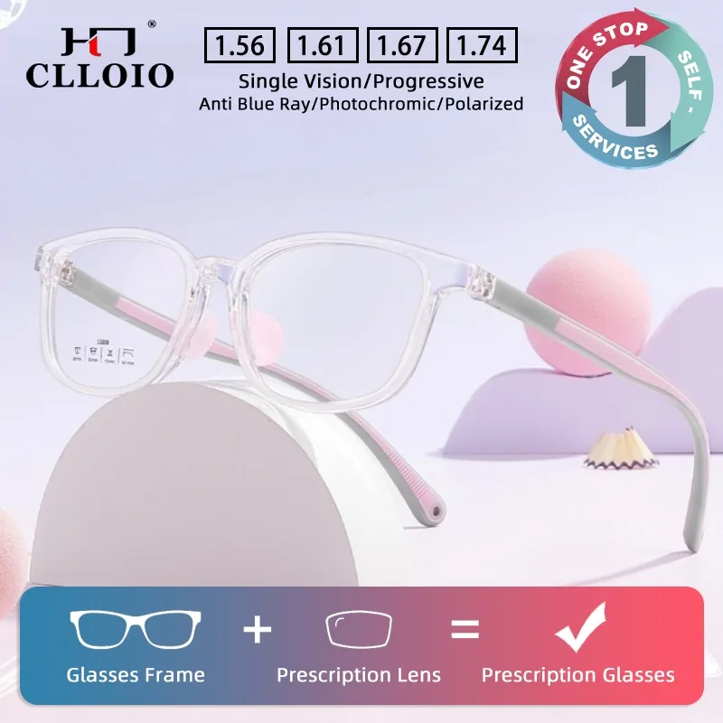 

CLLOIO Ultralight TR90 Square Children's Prescription Glasses Colorful Anti-slip Silicone Temple Anti Blue Light Myopia Glasses