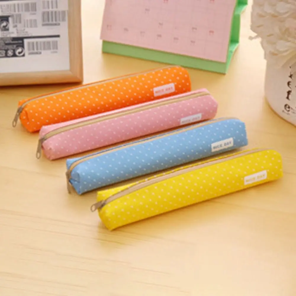 Long Strip Pencil Case Lipstick Bag Strip Shape Candy Color Stationery Pouch Kawaii Dots Canvas Pencil Bag Kids