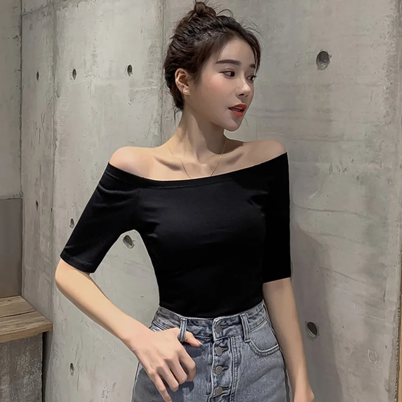 Summer Sexy and Fashionable Korean Edition Solid Color One Line Neck Off Shoulder Sexy Slim Fit Middle Sleeve T-shirt