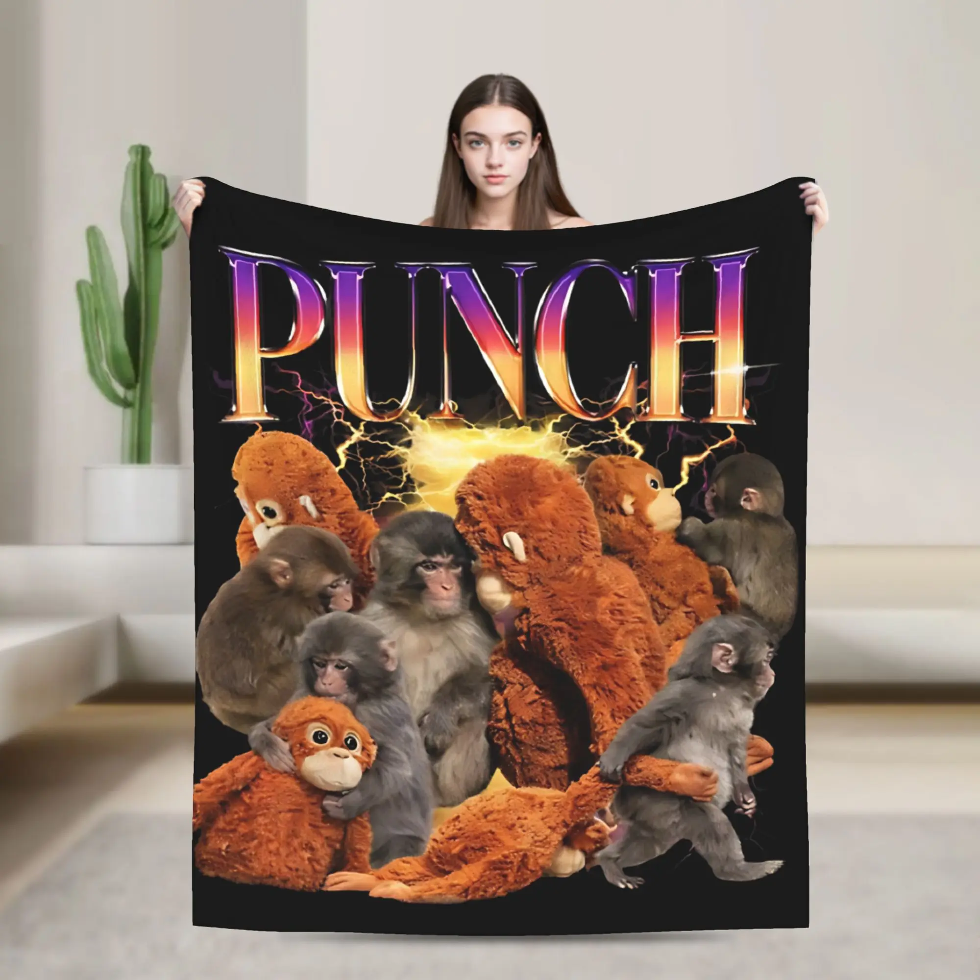 Team Punch Monkey  Fleece Throw Blanket tBaby Monkey Holding Plush Toy Blanket for Bedding Outdoor Ultra-Soft Bed Rug,