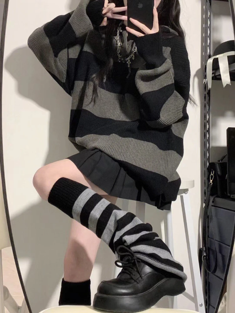 Deeptown Vintage Striped Hooded Sweaters Women Harajuku Gothic Knitted Jumper Retro Loose Casual Oversized Pullover Tops Grunge