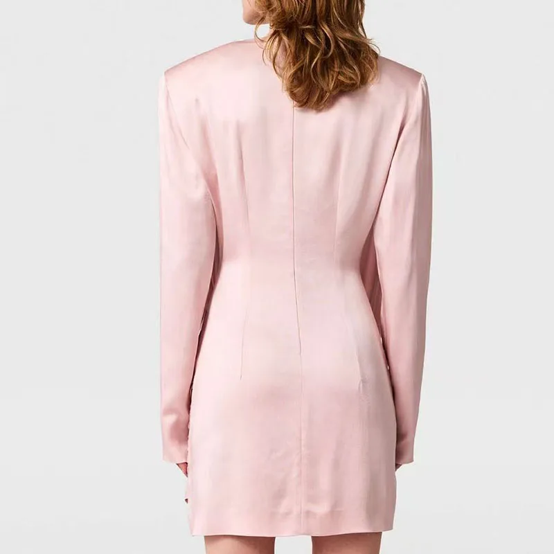 เดรสสั้นสไตล์มินิสำหรับฤดูใบไม้ผลิและฤดูใบไม้ร่วง  ผ้าซาตินจีบ  แขนยาว  สีพื้น  เหมาะสำหรับใส่ไปทำงานหรือไปงานปาร์ตี้