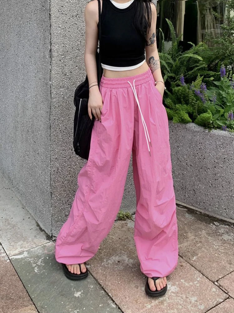 Casual Pants Women Summer Solid Streetwear All-match Drawstring Baggy Trousers Quick Dry Waterproof Aesthetic Stylish New Daily