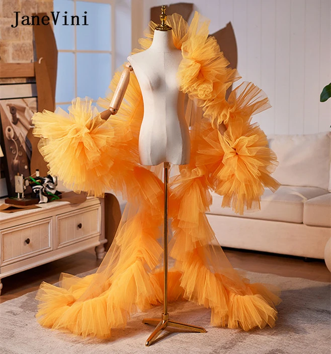 

JaneVini Orange Yellow Tiered Tulle Bridal Cape Shawl Long Train Ruffled Puff Sleeve Wedding Shrug Runway Bolero Jackets Cloak