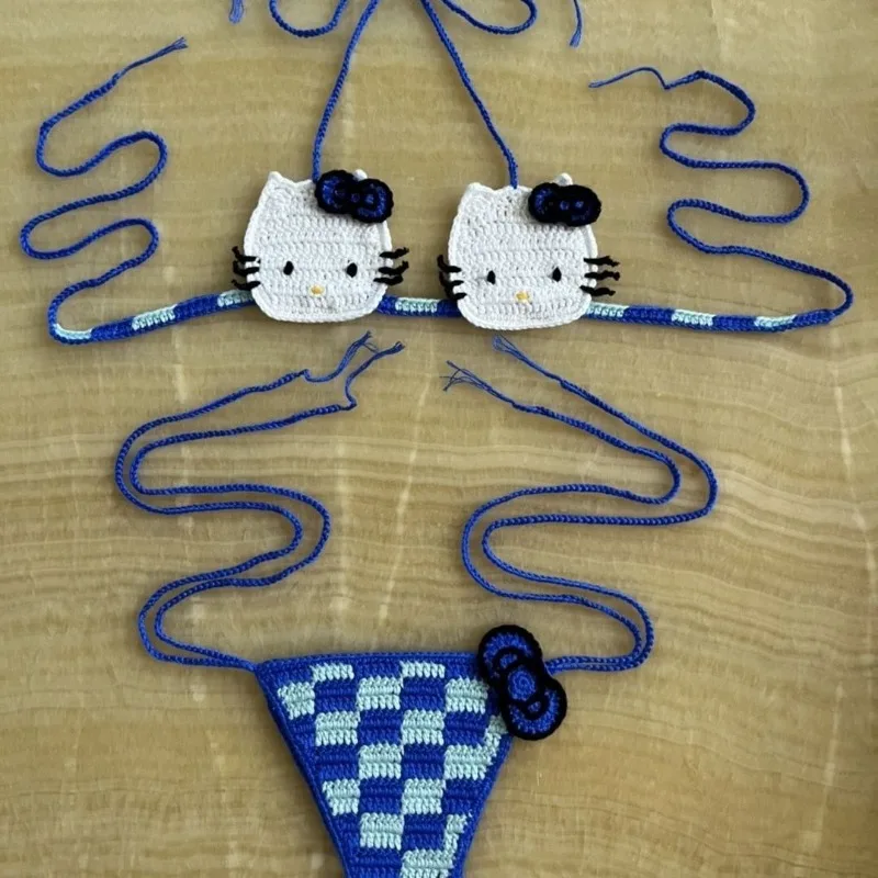 Kwaii Womens Swimming Suit HelloKitty Crochet Bikini Set2 Pieces Lady's Bathing Suits Sexy Micro Bikinis Ties Swimsuit  Swimwear
