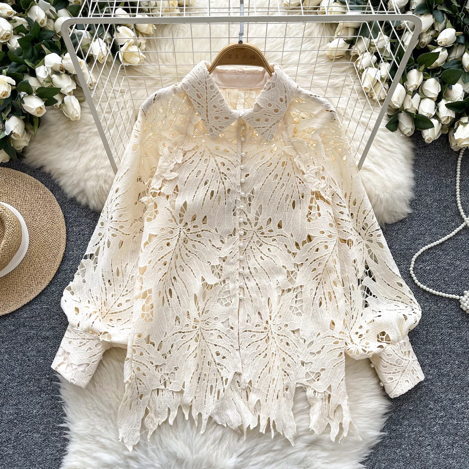 Chic Lace Hollow Out Puff Sleeve Lapel Single Breasted Elegant Fashion Sexy Shirt Spring Autumn Women Blouse