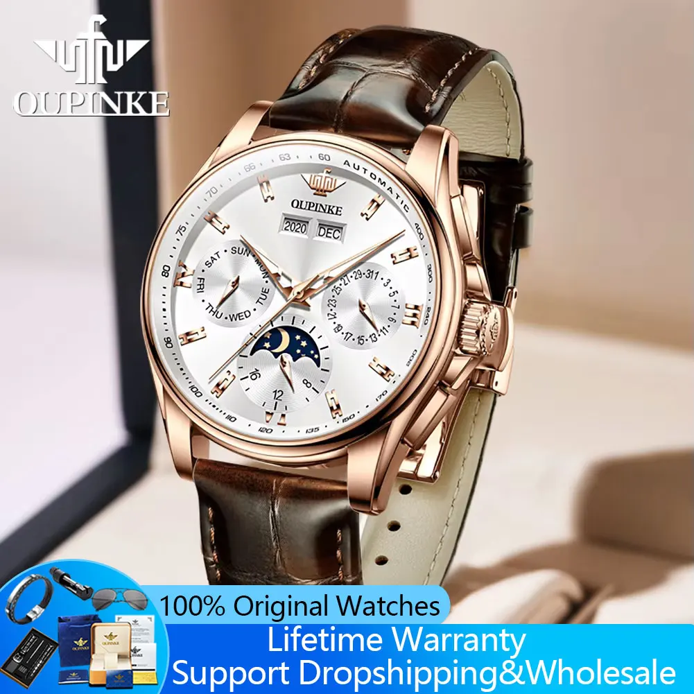 OUPINKE 3189 Original Automatic Men's Watches Hot Sale  Moon Phase Mechanical Business Wrist Watches Top Luxury Brand Man Watch