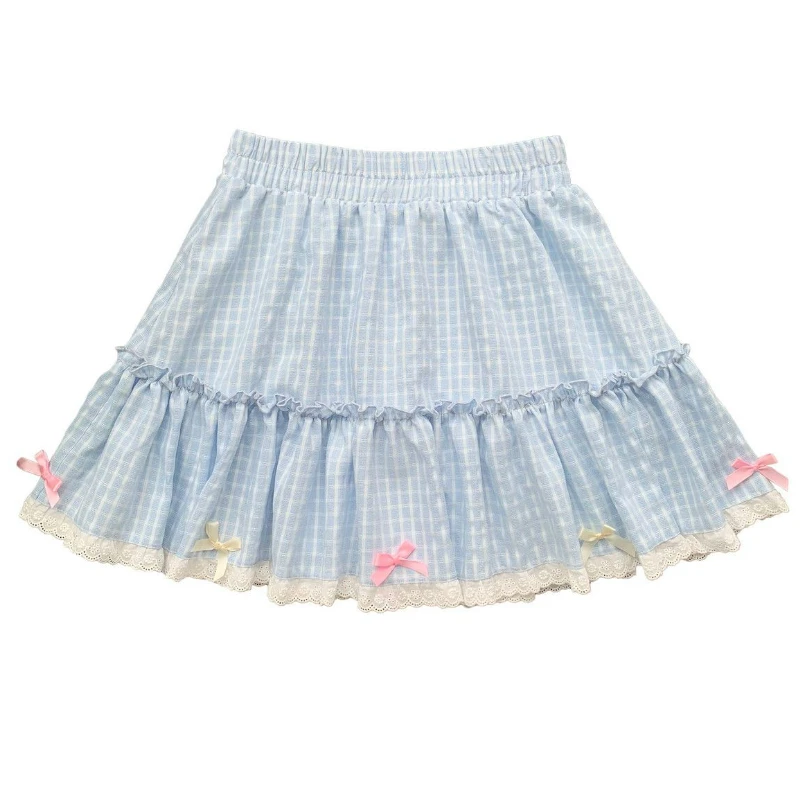 Kawaii Lolita Blue Plaid Mini Skirt Women Harajuku Y2k Aesthetic Bow Short Skirts Japanese Preppy Style Pleated Fairy Skirt 2024