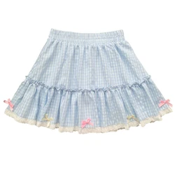 Kawaii Lolita mavi ekose Mini etek kadın Harajuku Y2k estetik yay kısa etekler japon tiki tarzı pilili peri etek 2024
