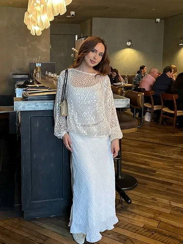 Imagen 2 del producto Tops cortos holgados con lentejuelas y purpurina para mujer, blusas sexys transparentes con cuello redondo y manga larga, traje para club de playa 2025