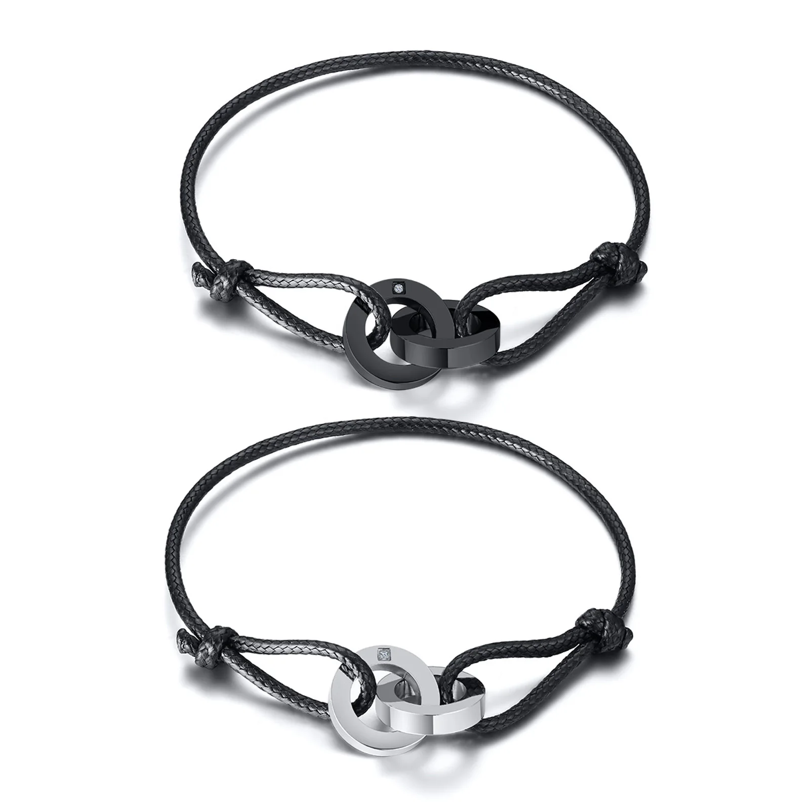 Interlocked Circle Charm Bracelet for Men Women,Adjustable Length Wax Rope Wristband,Casual Couple Gift