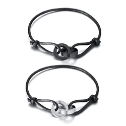 Interlocked Circle Charm Bracelet for Men Women,Adjustable Length Wax Rope Wristband,Casual Couple Gift