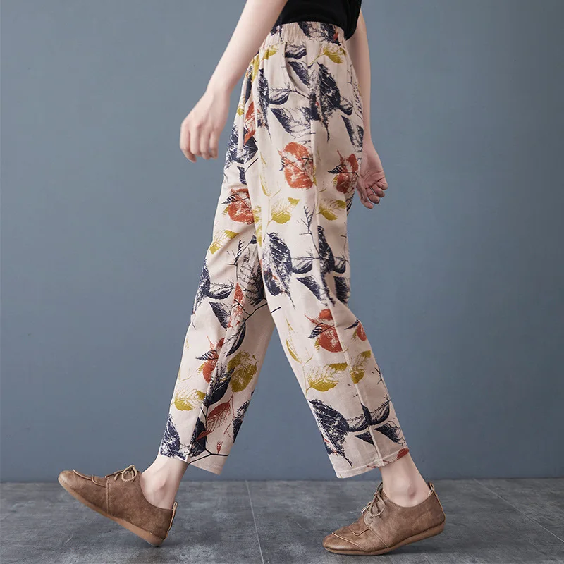 Women Summer Floral Printed Trousers Loose Vintage Imitation Cotton Linen Cropped Harem Pants Lady Streetwear Pants All-match