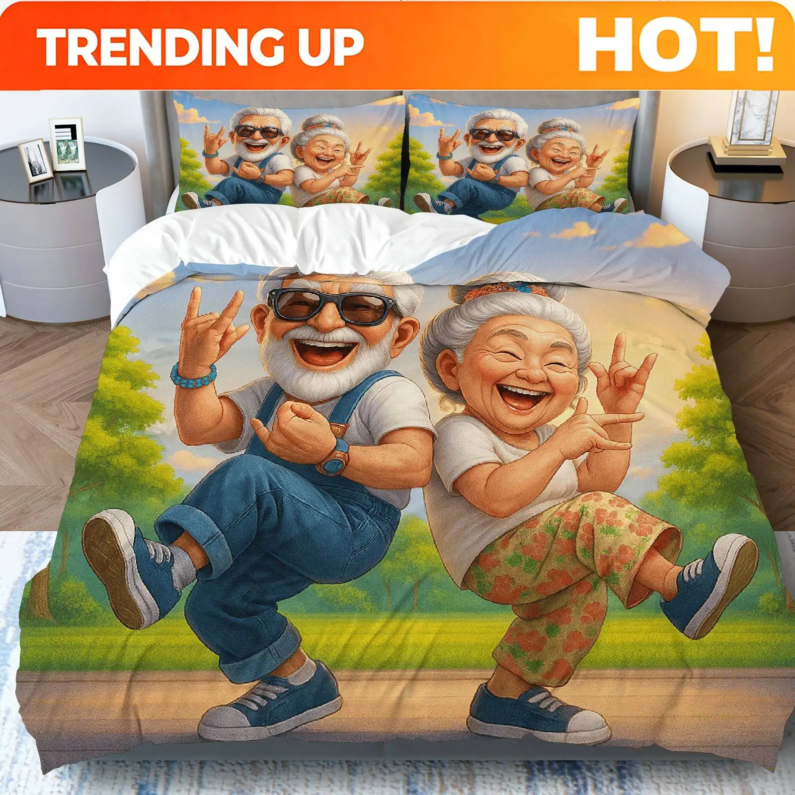 Customize 3pcs bedding Including 1 Duvet And 2 Pillowcases (Filler Not Included), Featuring a Charming Theme of an Elderly Coupl