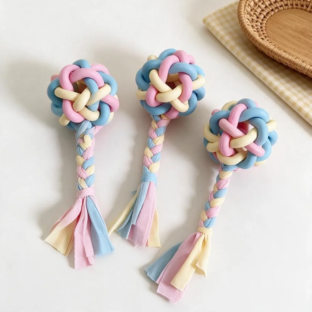 TPR Dog Chew Toy Ball with Bell, Macaron Rope Knot Teething Toy, Interactive Dental Cleaning Toy for Small Dogs Puppy & Cats