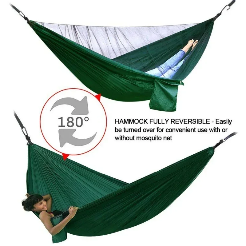 Double Travel Camping Hammock with Mosquito Net,Backpacking Portable Parachute 5+1 Ring Strap Hammock