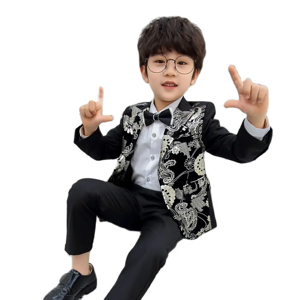 Children Formal Dress Kids Flower Jacket Pants Bowtie 3PCS  Piano Costume Boys Bronzing Show Host Handsome Photography Suit