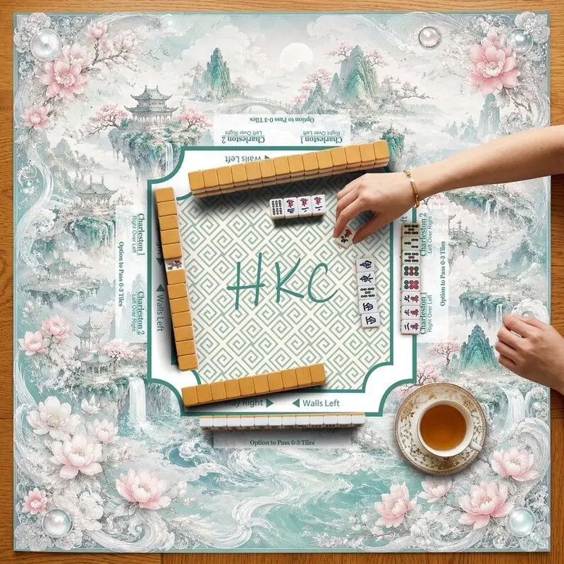 VIKAMA New Chinese Lotus Landscape Mahjong Mat Non Slip Washable Custom Pad Shock Absorb for US Fans