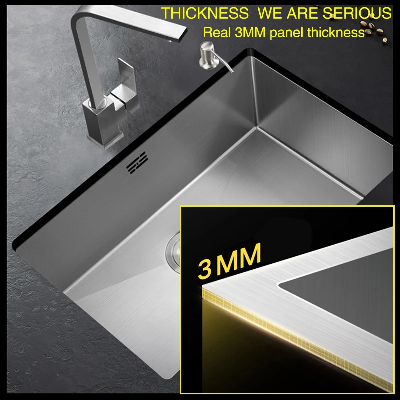 

Handmade Brushed 304 Stainless Steel 3mm Thickness Single Bowl Bar Counter Kitchen Kinks Large Size Single Kitchen Sink